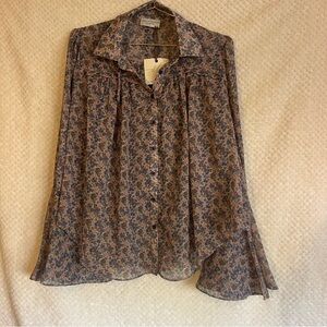 Dress Forum Button-Up Blouse Long Sleeve Lightweight Blue Pink Floral Large NWT